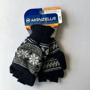 NWT Wool Mittens Manzella Convertible Fleece Lined Black White Fair Isle